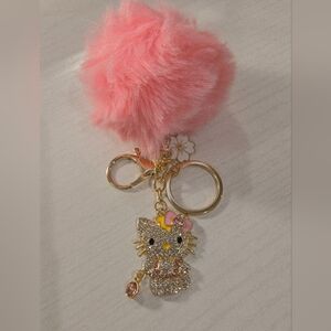 Mint Pink and Gold Keychain/ Purse Charm with Cute Cat Charm